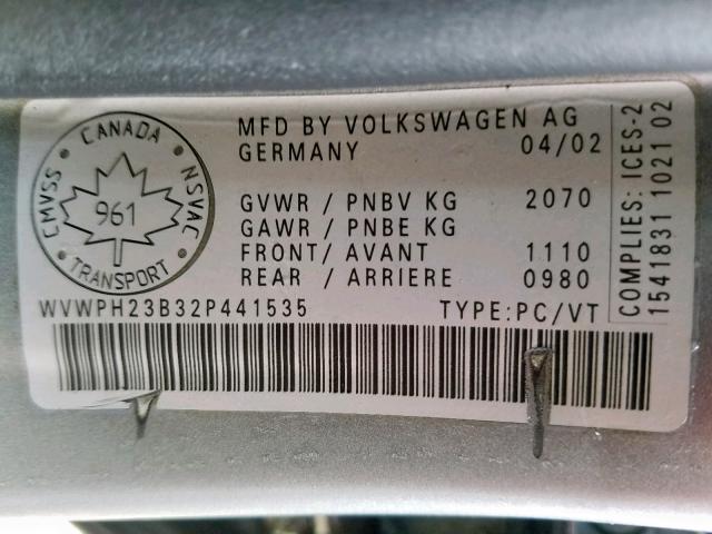 WVWPH23B32P441535 - 2002 VOLKSWAGEN PASSAT GLS GRAY photo 10