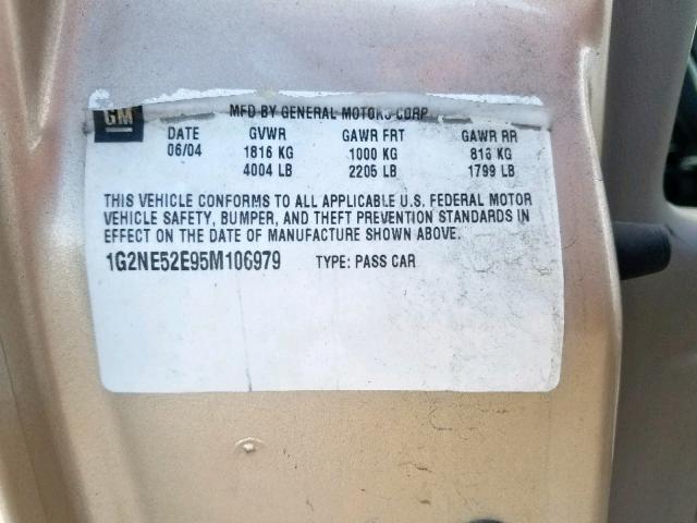 1G2NE52E95M106979 - 2005 PONTIAC GRAND AM S GOLD photo 10