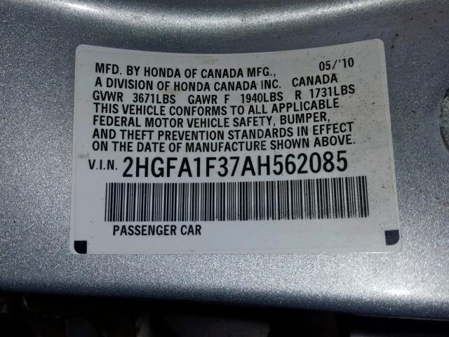 2HGFA1F37AH562085 - 2010 HONDA CIVIC VP SILVER photo 10