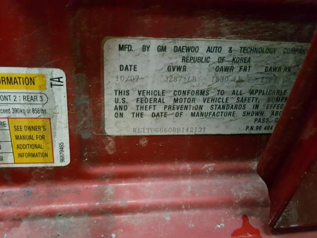 KL1TD66608B142131 - 2008 CHEVROLET AVEO BASE Qırmızı foto 10