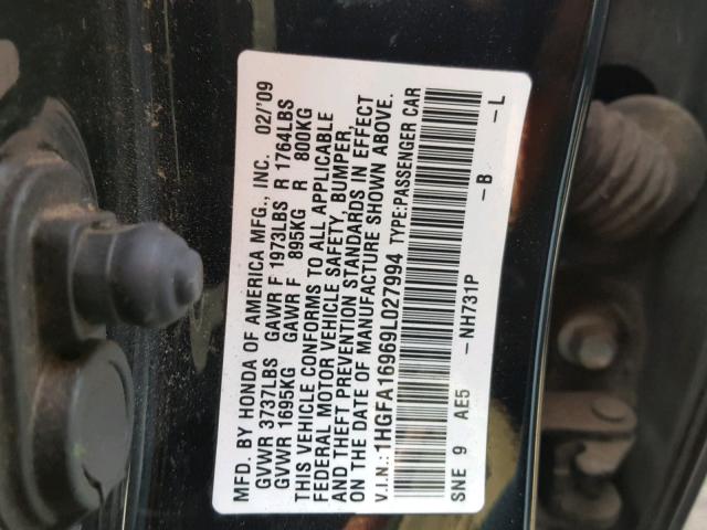 1HGFA16969L027994 - 2009 HONDA CIVIC EXL BLACK photo 10