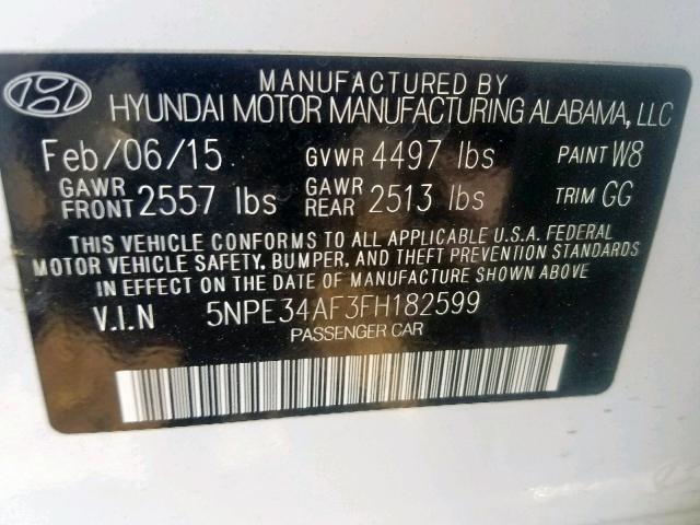 5NPE34AF3FH182599 - 2015 HYUNDAI SONATA SPO WHITE photo 10