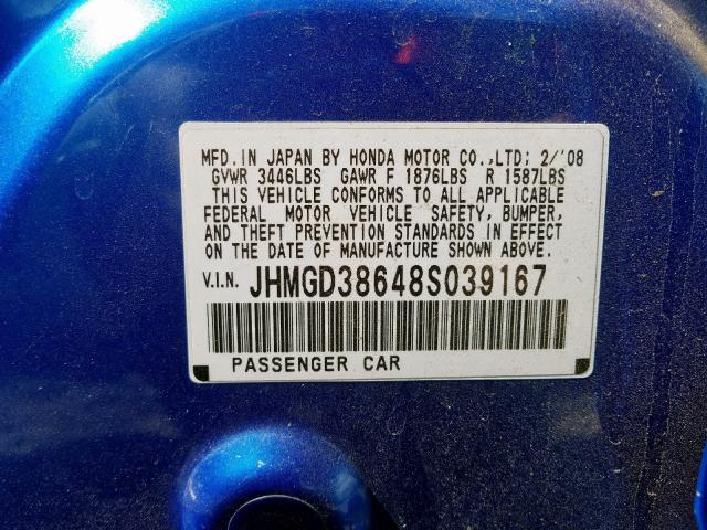 JHMGD38648S039167 - 2008 HONDA FIT SPORT BLUE photo 10