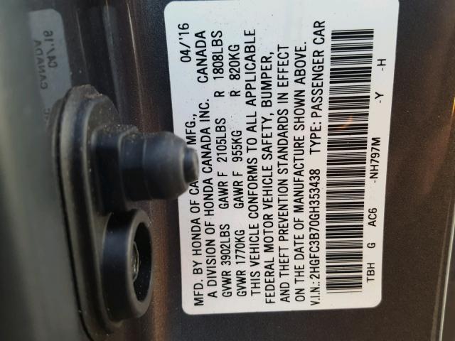 2HGFC3B70GH353438 - 2016 HONDA CIVIC EXL CHARCOAL photo 10