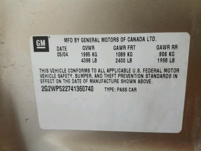 2G2WP522741360740 - 2004 PONTIAC GRAND PRIX TAN photo 10