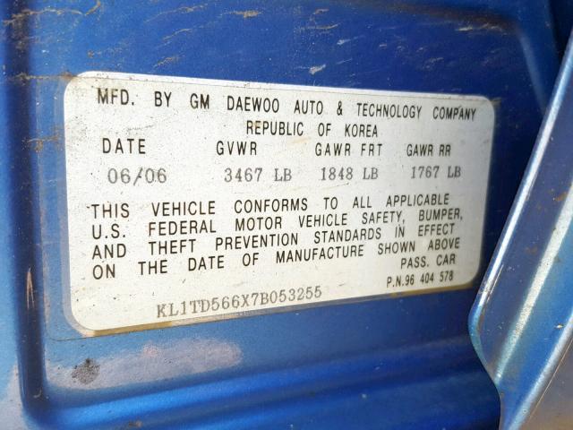KL1TD566X7B053255 - 2007 CHEVROLET AVEO BASE Mavi foto 10