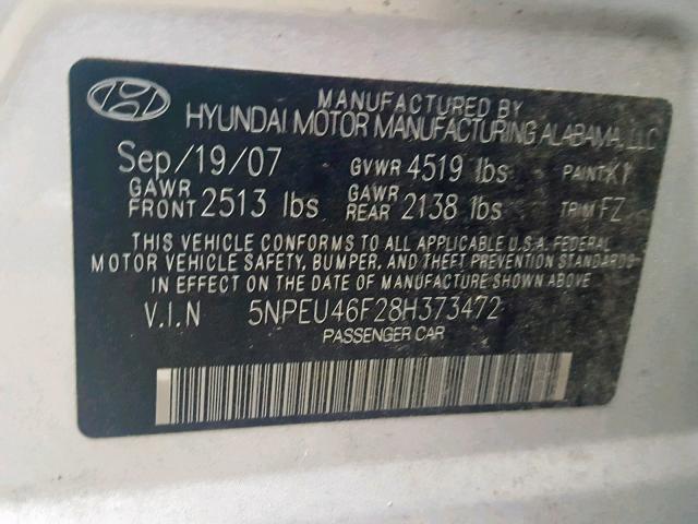 5NPEU46F28H373472 - 2008 HYUNDAI SONATA SE SILVER photo 10