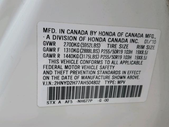 2HNYD2H77AH504802 - 2010 ACURA MDX ADVANC WHITE photo 10