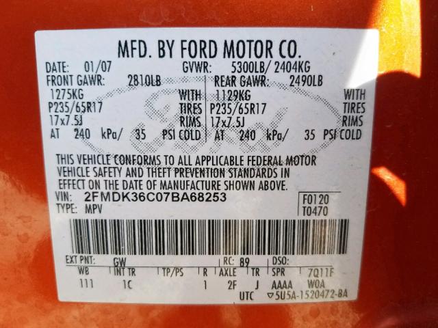 2FMDK36C07BA68253 - 2007 FORD EDGE SE ORANGE photo 10