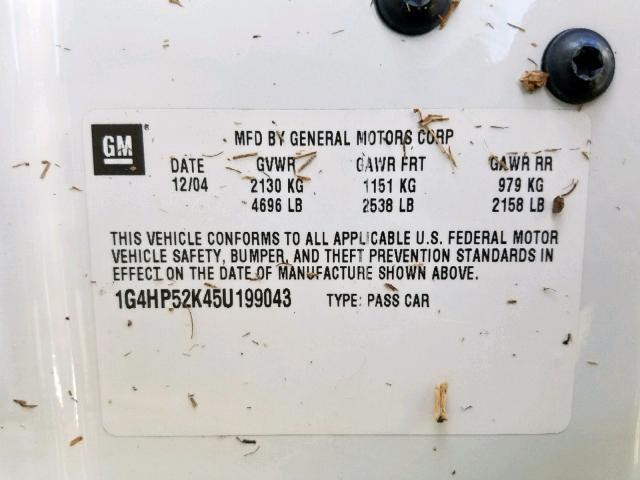 1G4HP52K45U199043 - 2005 BUICK LESABRE CU WHITE photo 10