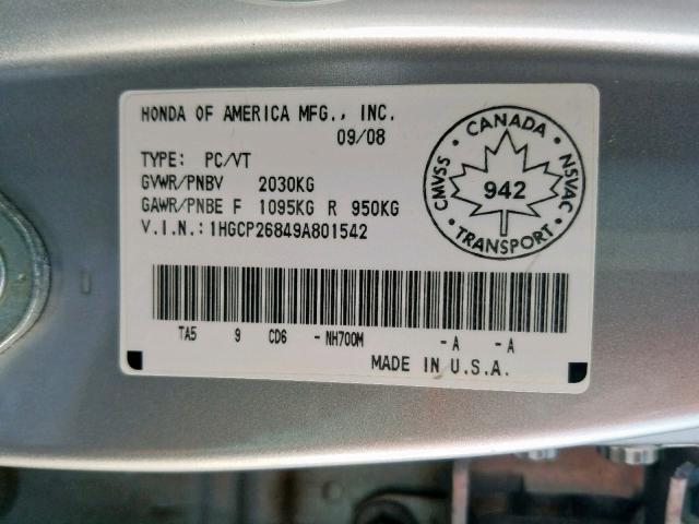 1HGCP26849A801542 - 2009 HONDA ACCORD EXL SILVER photo 10