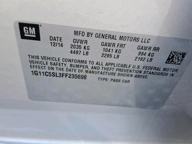 1G11C5SL3FF235698 - 2015 CHEVROLET MALIBU 1LT SILVER photo 10