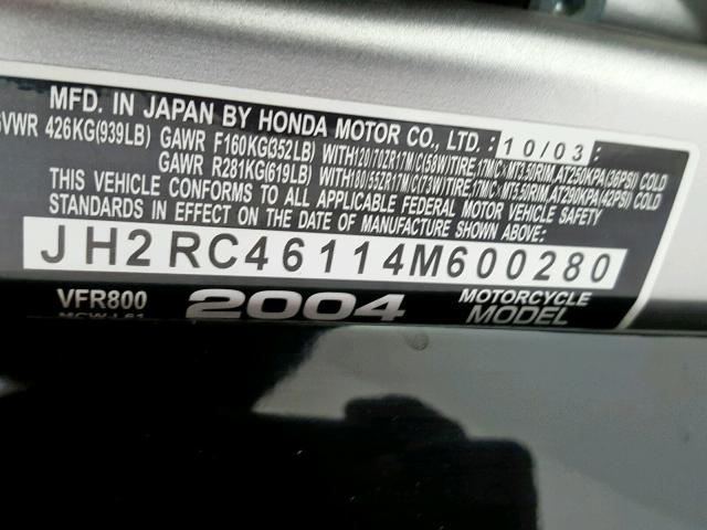 JH2RC46114M600280 - 2004 HONDA VFR800 BLACK photo 19