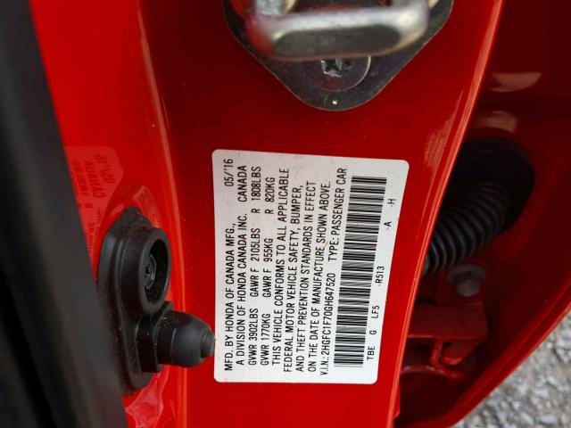 2HGFC1F70GH647520 - 2016 HONDA CIVIC EXL RED photo 10