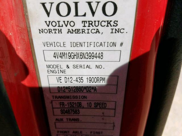 4V4M19GHX6N399448 - 2006 VOLVO VN VNM RED photo 10