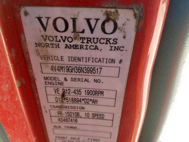 4V4M19GH36N399517 - 2006 VOLVO VN VNM RED photo 10