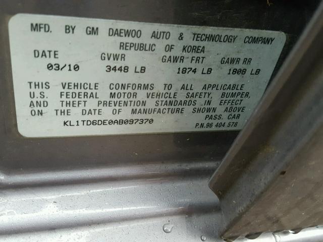 KL1TD6DE0AB097370 - 2010 CHEVROLET AVEO LS GRAY photo 10