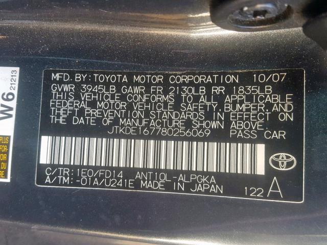 JTKDE167780256069 - 2008 TOYOTA SCION TC ნაცრისფერი ფოტო 10