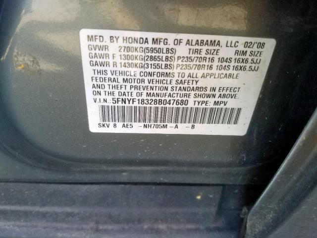 5FNYF18328B047680 - 2008 HONDA PILOT SE SILVER photo 10