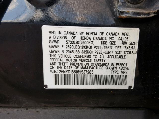 2HNYD18616H537285 - 2006 ACURA MDX TOURIN BLACK photo 10