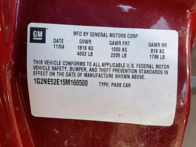 1G2NE52E15M166500 - 2005 PONTIAC GRAND AM S BURGUNDY photo 10