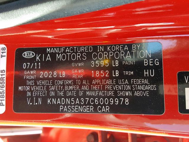 KNADN5A37C6009978 - 2012 KIA RIO EX RED photo 10