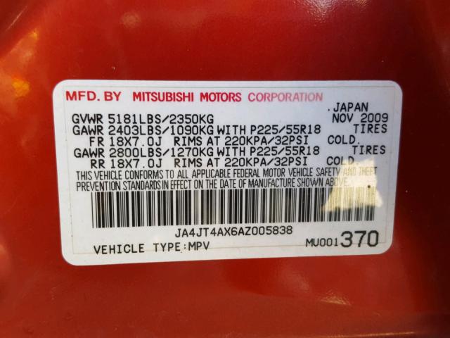 JA4JT4AX6AZ005838 - 2010 MITSUBISHI OUTLANDER RED photo 10