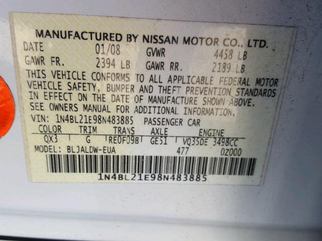 1N4BL21E98N483885 - 2008 NISSAN ALTIMA 3.5 WHITE photo 10