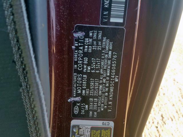 KNDMB5C14G6085767 - 2016 KIA SEDONA LX MAROON photo 10