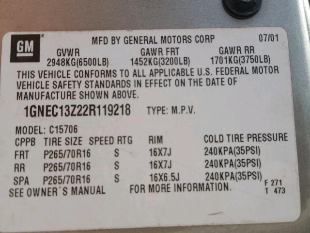 1GNEC13Z22R119218 - 2002 CHEVROLET TAHOE TAN photo 10