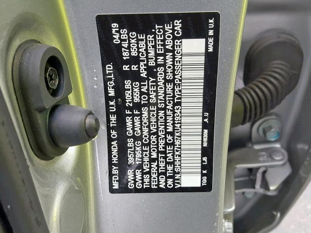 SHHFK7H67KU419343 - 2019 HONDA CIVIC EX SILVER photo 10