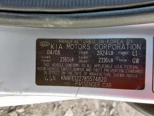 KNAFE122785574820 - 2008 KIA SPECTRA EX BLUE photo 10