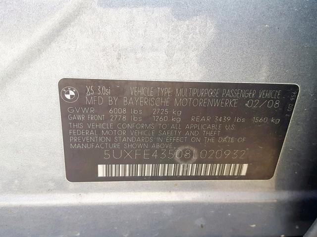 5UXFE43508L020932 - 2008 BMW X5 3.0I GRAY photo 10