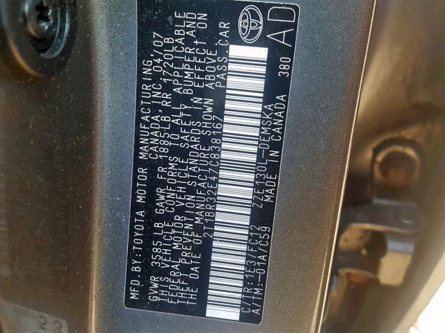 2T1BR32E47C838167 - 2007 TOYOTA COROLLA CE GRAY photo 10