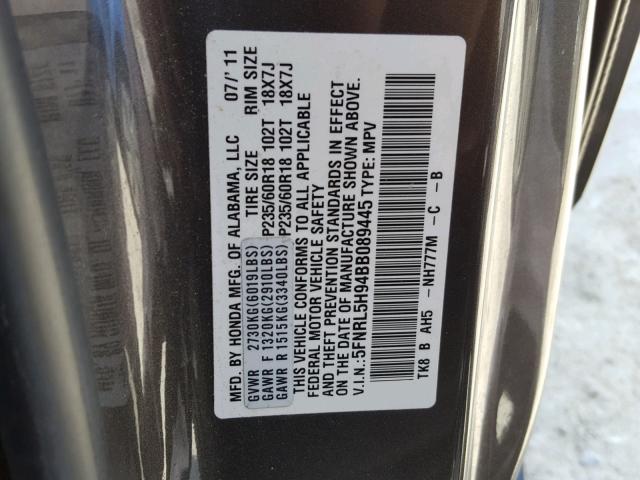 5FNRL5H94BB089445 - 2011 HONDA ODYSSEY TO GRAY photo 10