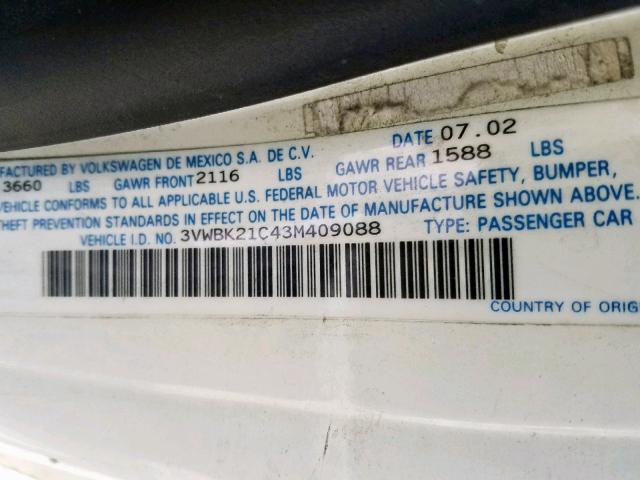 3VWBK21C43M409088 - 2003 VOLKSWAGEN NEW BEETLE 白色 照片 10