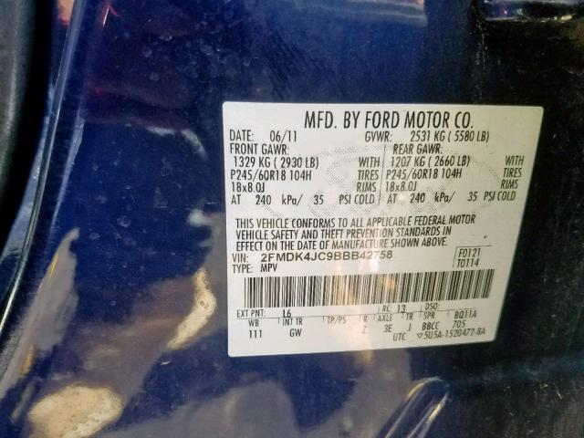 2FMDK4JC9BBB42758 - 2011 FORD EDGE SEL BLUE photo 10