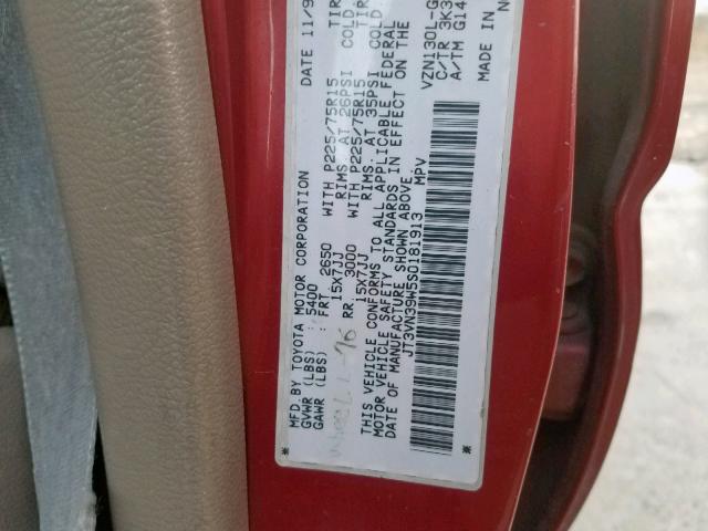 JT3VN39W5S0181913 - 1995 TOYOTA 4RUNNER VN RED photo 10