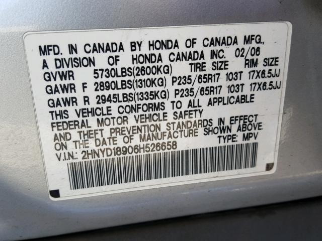 2HNYD18906H526658 - 2006 ACURA MDX TOURIN SILVER photo 10