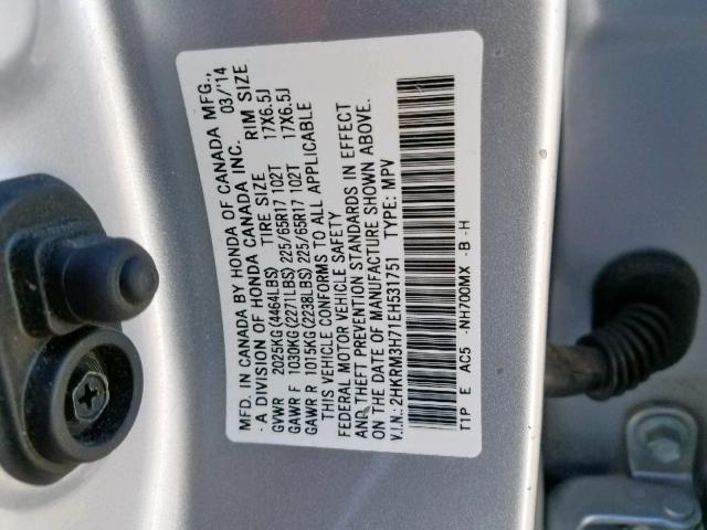 2HKRM3H71EH531751 - 2014 HONDA CR-V EXL SILVER photo 10