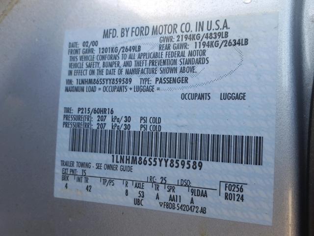 1LNHM86S5YY859589 - 2000 LINCOLN LS SILVER photo 10