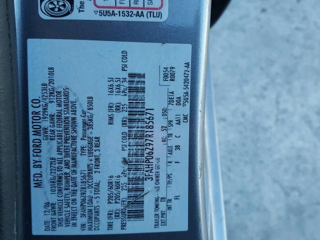 3FAHP06Z97R185671 - 2007 FORD FUSION S GRAY photo 10