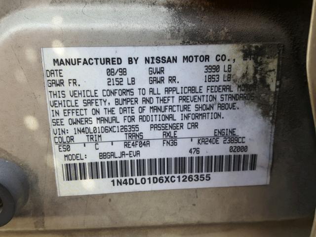 1N4DL01D6XC126355 - 1999 NISSAN ALTIMA XE GOLD photo 10