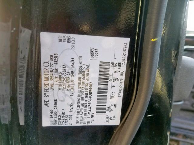 1FMZU75E64UB95587 - 2004 FORD EXPLORER L BLACK photo 10