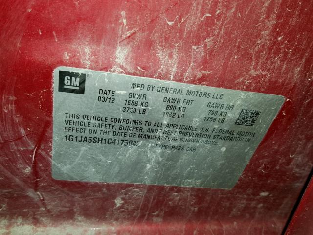 1G1JA5SH1C4175042 - 2012 CHEVROLET SONIC LS Qırmızı foto 10