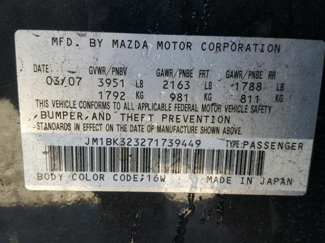 JM1BK323271739449 - 2007 MAZDA 3 S BLACK photo 10