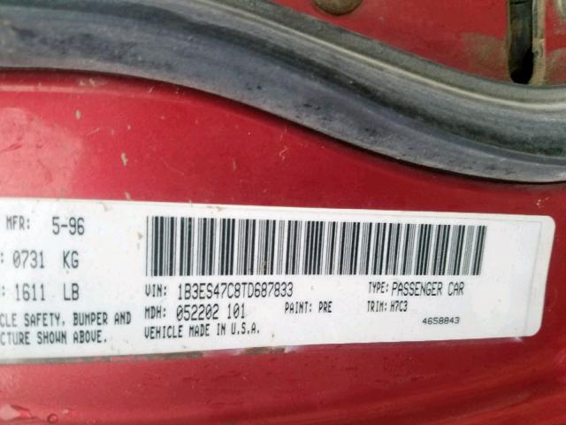 1B3ES47C8TD687833 - 1996 DODGE NEON HIGHL RED photo 10