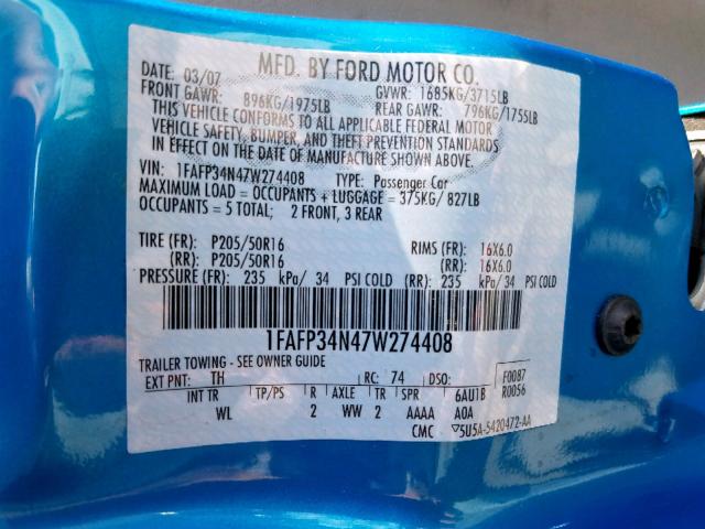 1FAFP34N47W274408 - 2007 FORD FOCUS ZX4 BLUE photo 10