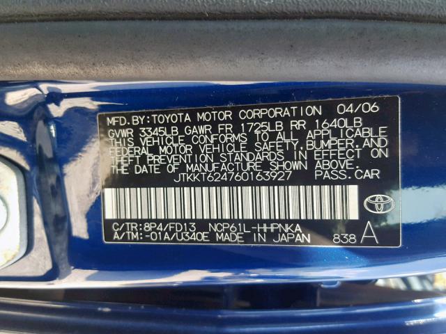 JTKKT624760163927 - 2006 TOYOTA SCION XA BLUE photo 10