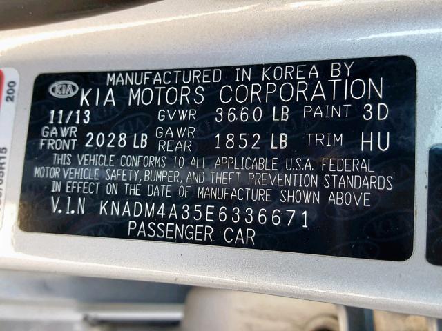 KNADM4A35E6336671 - 2014 KIA RIO LX SILVER photo 10